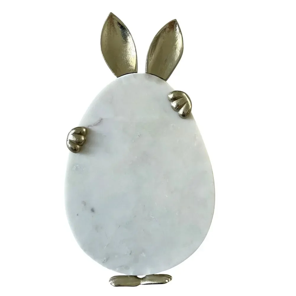 BUNNY BOULEVARD Bunny and Egg Marble Platter 15x9 White & Gold Easter New